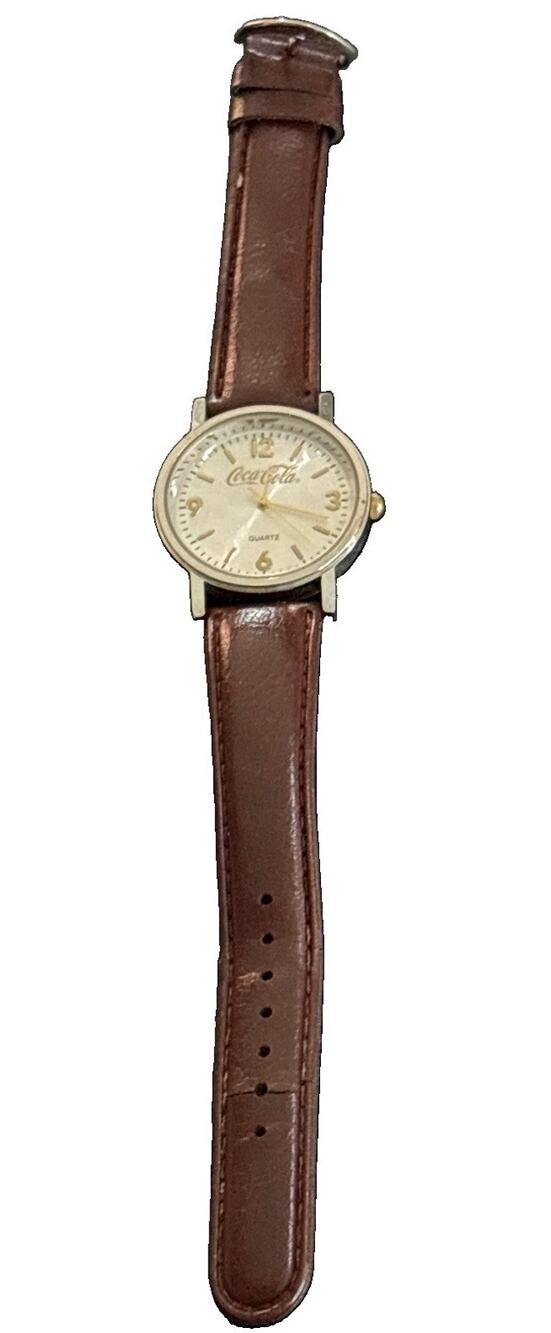 Vtg 2003 Coca Cola Logo Quartz Watch Brown Leather Strap Japan Movement 2035